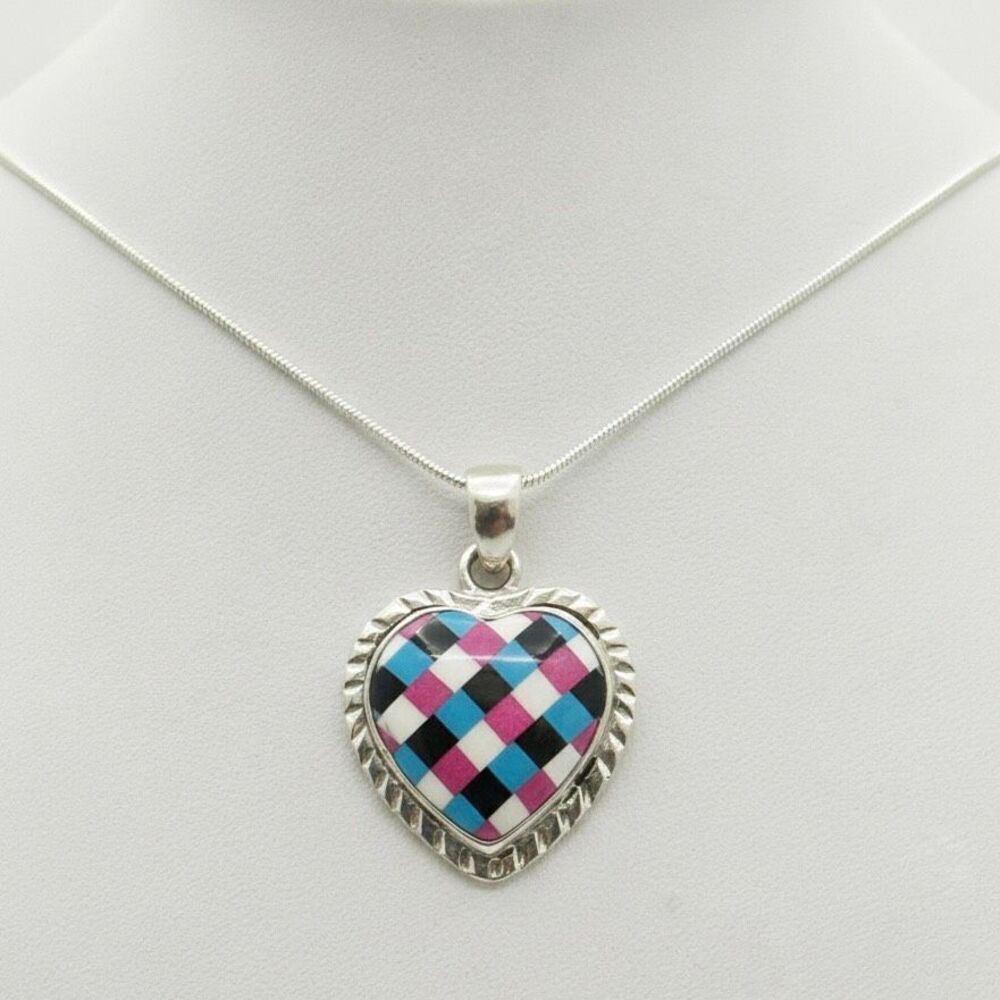 New Multi-Stone Heart Pendant Necklace Sterling Silver Southwest Inlay Artisan